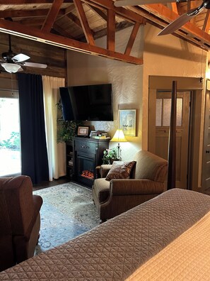 Smart TV, elec fireplace for extra heat or a little ambiance.  