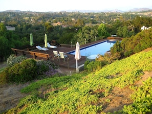 Backyard pool, redwood deck, chaise lounges, dining table, & spectacular views.