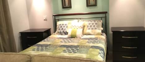 Same queen bed updated with headboard