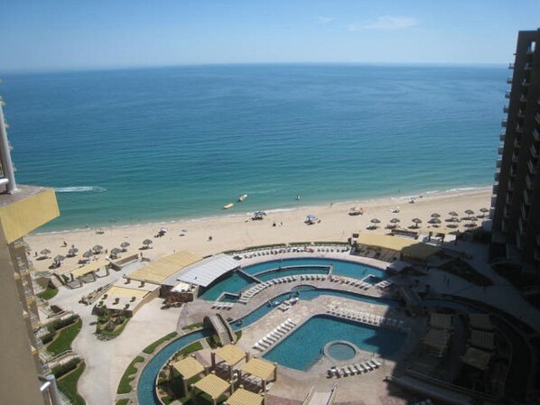 Looking down on pool area and beach