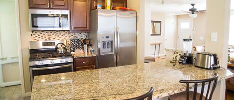 Kitchen with brand new appliances and cabinets, Granite counter tops, Island