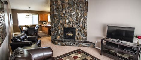 Comfortable Living Room with Fireplace.