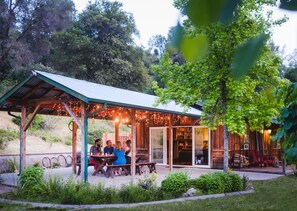 Covered garden area with barbecue.