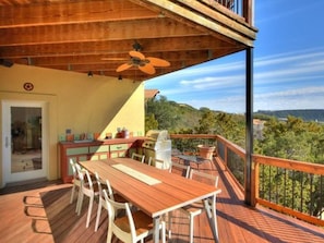 Outdoor seating on large patios with a built in gas grill.