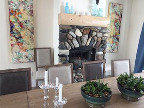 Dining room with gas fireplace.