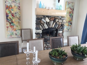 Dining room with gas fireplace.