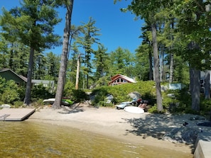 Sandy beach offers shade and sun and a swim area/dock.