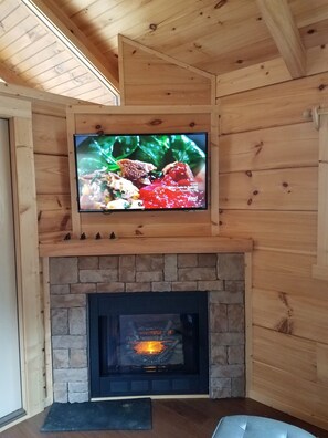 Large flatscreen with DV player. Ambiance fireplace