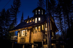 Nighttime view of Ponderosa with the twinkly lights in the top of the turret