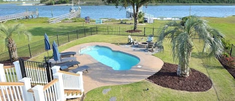 Beautiful private pool, fire pit, and private pier