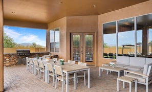 [Outdoor Living] Covered patio with gas grill and dining for 10 plus lounge seating