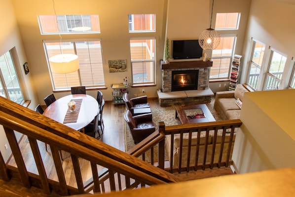 View from the loft into the Great Room and Dining Area.