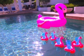 Family-friendly; pool floats, arm floaties, and life jackets for kids. 