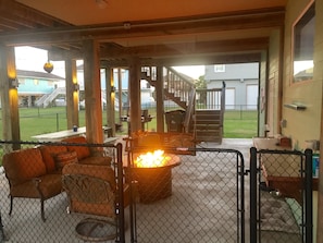 Outdoor propane fire pit, bbq and 55" flat screen TV