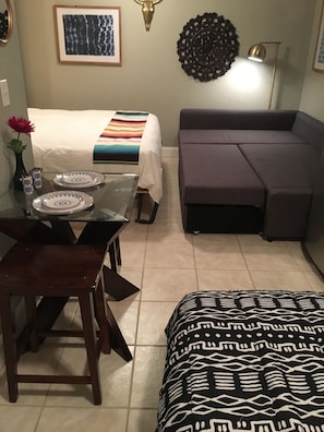 All beds-queen sized Murphy bed; queen sized sofa bed; and twin air mattress.