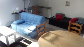 salon avec canapé convertible et un lit d'une personne