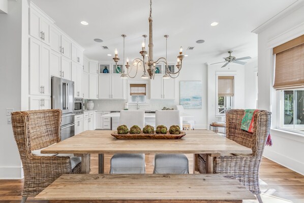 dining and amazing kitchen with cozy seating, gas range and upscale appliances