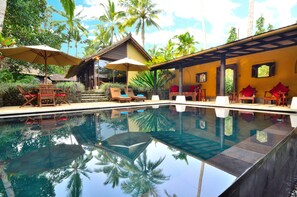 The stunning wet-edge volcanic stone pool 7m X 5m is the heart of the villa.