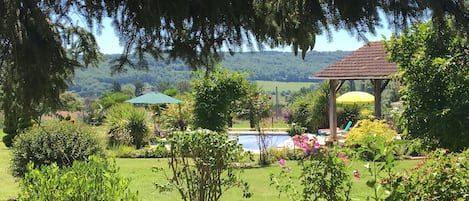 View from the house of the pool and pool house