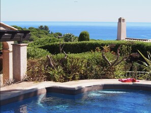 Pool with sea view and outside shower. 