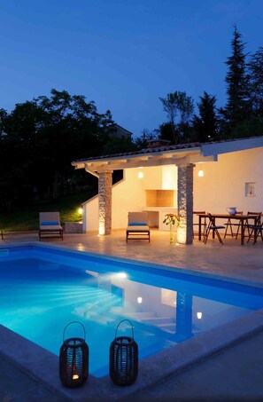 Pool deck at night