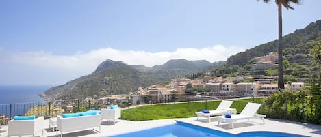 View of the sea, mountains, vineyards and town from the pool