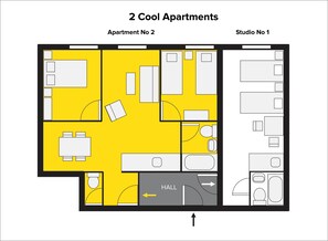 Floor plan - yellow.
Right next to it is studio apartment suitable for 2 guests