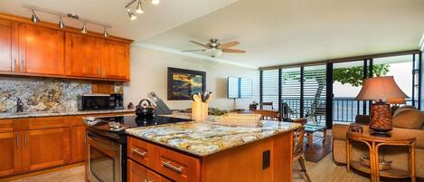 Updated open concept Kitchen that is well equipped w/ views of the beach 