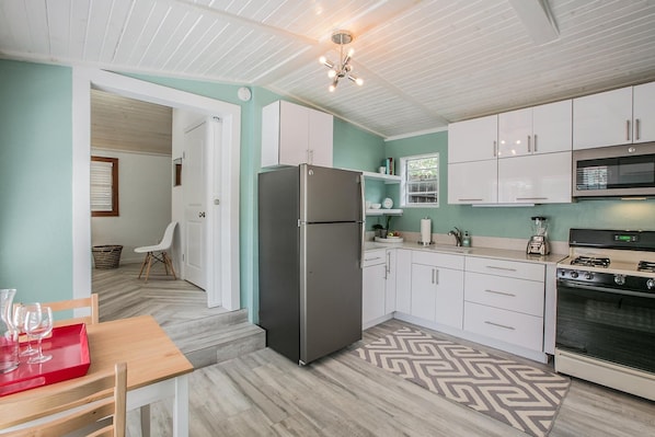 Newly remodeled kitchen with new cabinets and appliances.