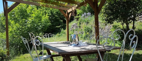 Vue sur le jardin de la terrasse principale sous la pergola sous la glycine