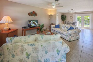 Sunny open floor plan defines the living area