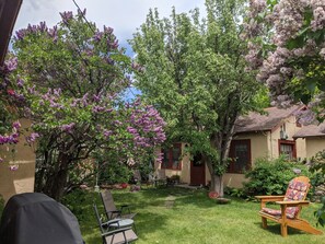 The cottage sits behind the owners' home. This is the backyard.