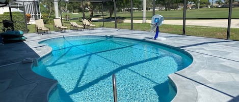 Enjoy the newly refinished heated pool and deck area on the cozy lanai.