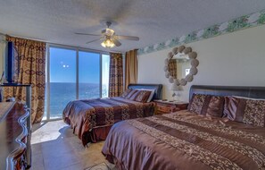 Dual ocean front queen beds with 50" HDTV