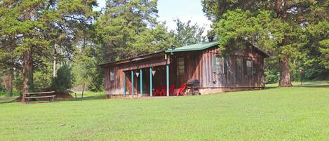 Our cozy Greers Ferry cabin - complete with porch, patio, firepit, & huge yard!