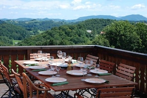 Terrasse à côté du séjour surplombant le vignoble