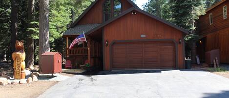 Front of Home during Spring. Our large bear "Bernard" as our look out 