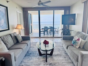 Updated Living room.  Great view of the ocean.