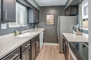 Fully stocked kitchen.