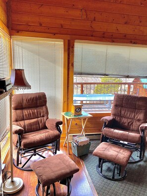 The two rocking, reclining, rotating chairs in the living room area.