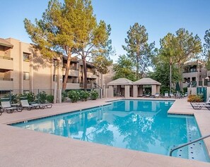 Pool heated all winter, right beneath balcony 