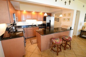 Spacious and well stocked kitchen.  You also have a view of the Gulf of Mexico!