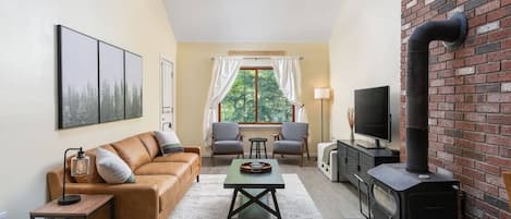 Living room with wood fireplace