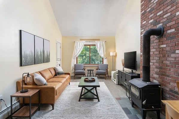 Living room with wood fireplace