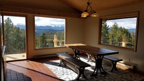 Dining area. Enjoy your meals with views of the Rocky Mountains.