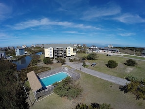 The grounds at Pamlico Point with pool, and creek that leads out to the sound.