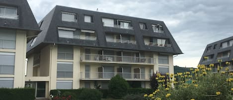 Façade de l'immeuble : vue sur le bassin où viennent boire les canards 