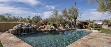 [Backyard] State-of-the-art Pebble Tec heated saltwater pool with waterfalls