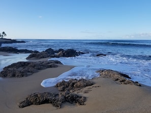 sometimes the currents wash our sand down the beach and expose our lava reef.
