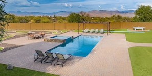 [Heated Pool] Resort Style saltwater heated pool and spa with poolside pergola and loungers